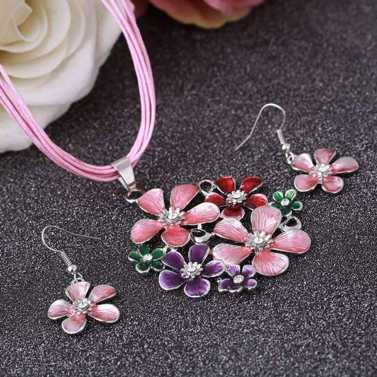 Spring Bouquet Enamel Flower Necklace and Earrings - In Three Colors