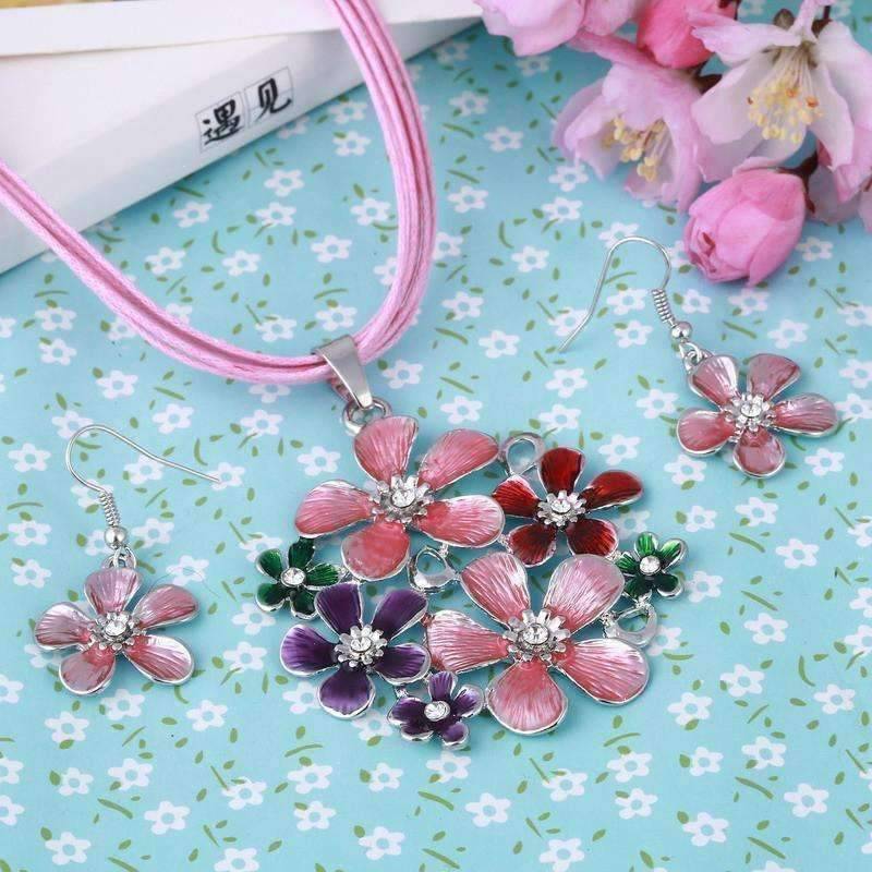 Spring Bouquet Enamel Flower Necklace and Earrings - In Three Colors
