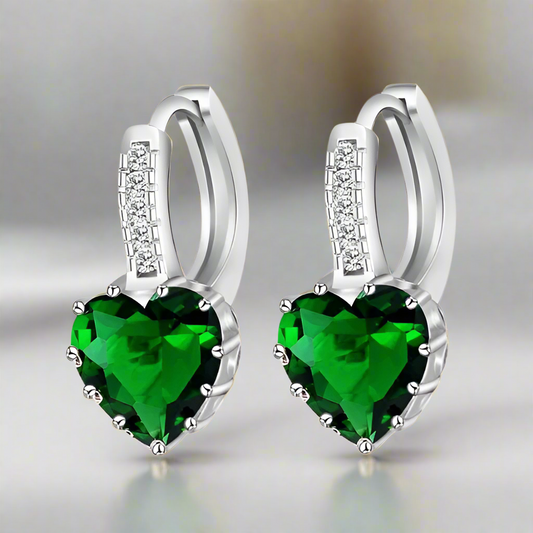 Heart Shaped Spring Green Diamond CZ Solitaire Hoop Earrings for Woman
