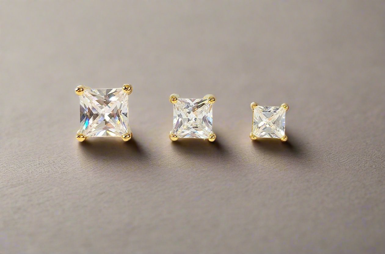 Tiara Princess Cut Simulated Diamond Solitaire Stud Earrings for Women - Platinum or 18K Gold Plated on Sterling Silver by OB