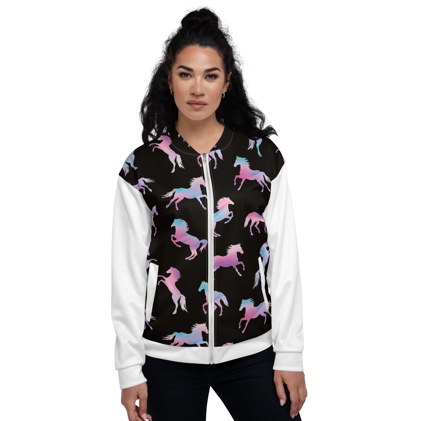 Women Bomber Jacket With Pockets Zipper Horse Lover Design by IOBI Original Apparel