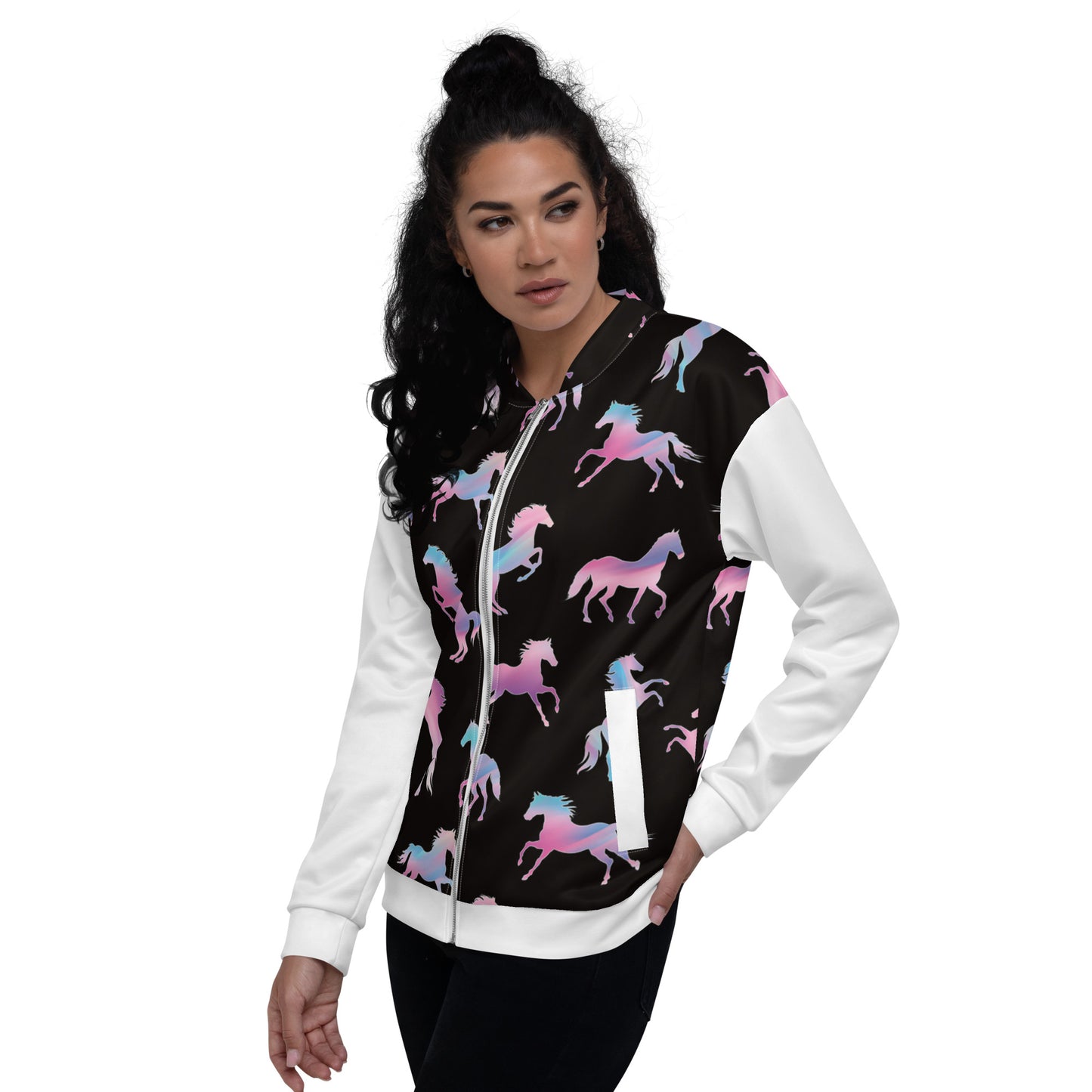 Women Bomber Jacket With Pockets Zipper Horse Lover Design by IOBI Original Apparel