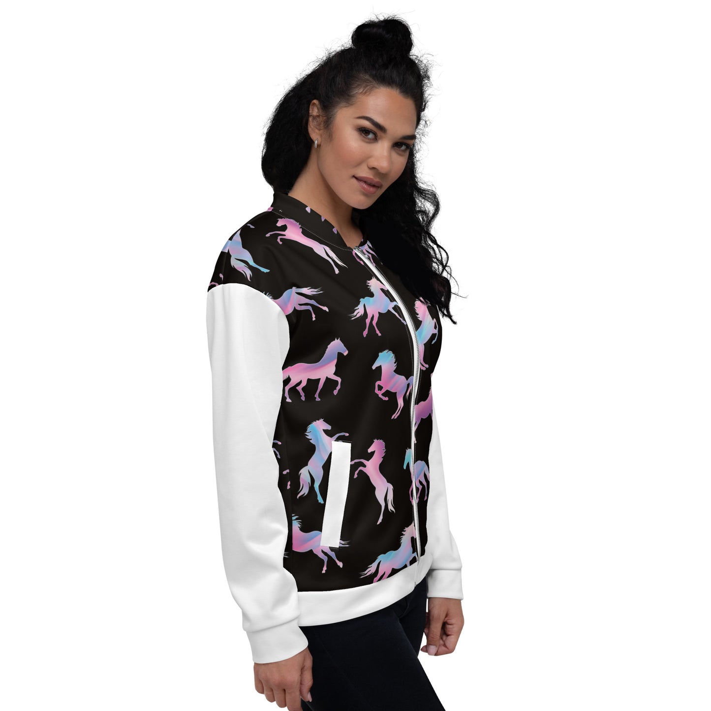 Women Bomber Jacket With Pockets Zipper Horse Lover Design by IOBI Original Apparel