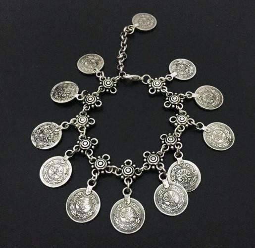 Feshionn IOBI Anklets Silver ON SALE - Vintage Patina Gypsy Coin Dangling Chain Ankle Bracelet