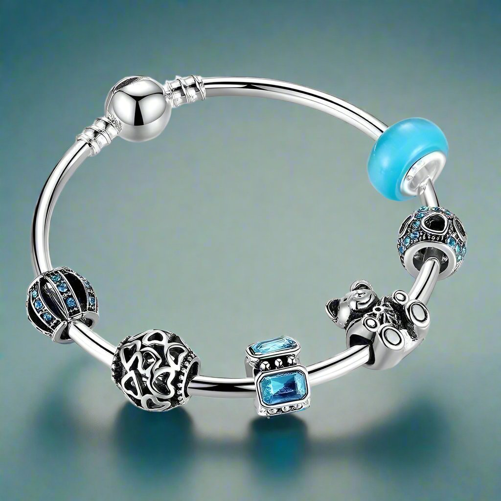 Feshionn IOBI bracelets Aqua ON SALE - Beary Cute Aqua Crystal & Hearts Silver Bangle Bracelet