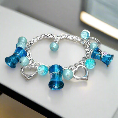Feshionn IOBI bracelets Aqua Three Hearts Lamp Work Glass Bead Charm Bracelet ~ Three Colors to Choose