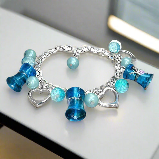 Feshionn IOBI bracelets Aqua Three Hearts Lamp Work Glass Bead Charm Bracelet ~ Three Colors to Choose