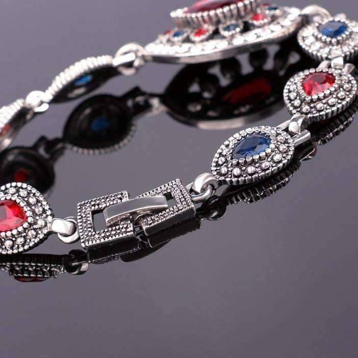 Feshionn IOBI bracelets Crimson and Cobalt Crystal Tear Drop Vintage Inspired Silver Bracelet