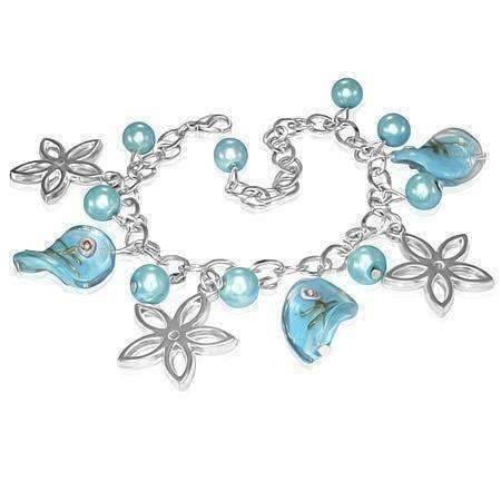 Feshionn IOBI bracelets Light Aqua Daisy Chain Lamp Work Glass Bead Charm Bracelet ~ Three Colors to Choose