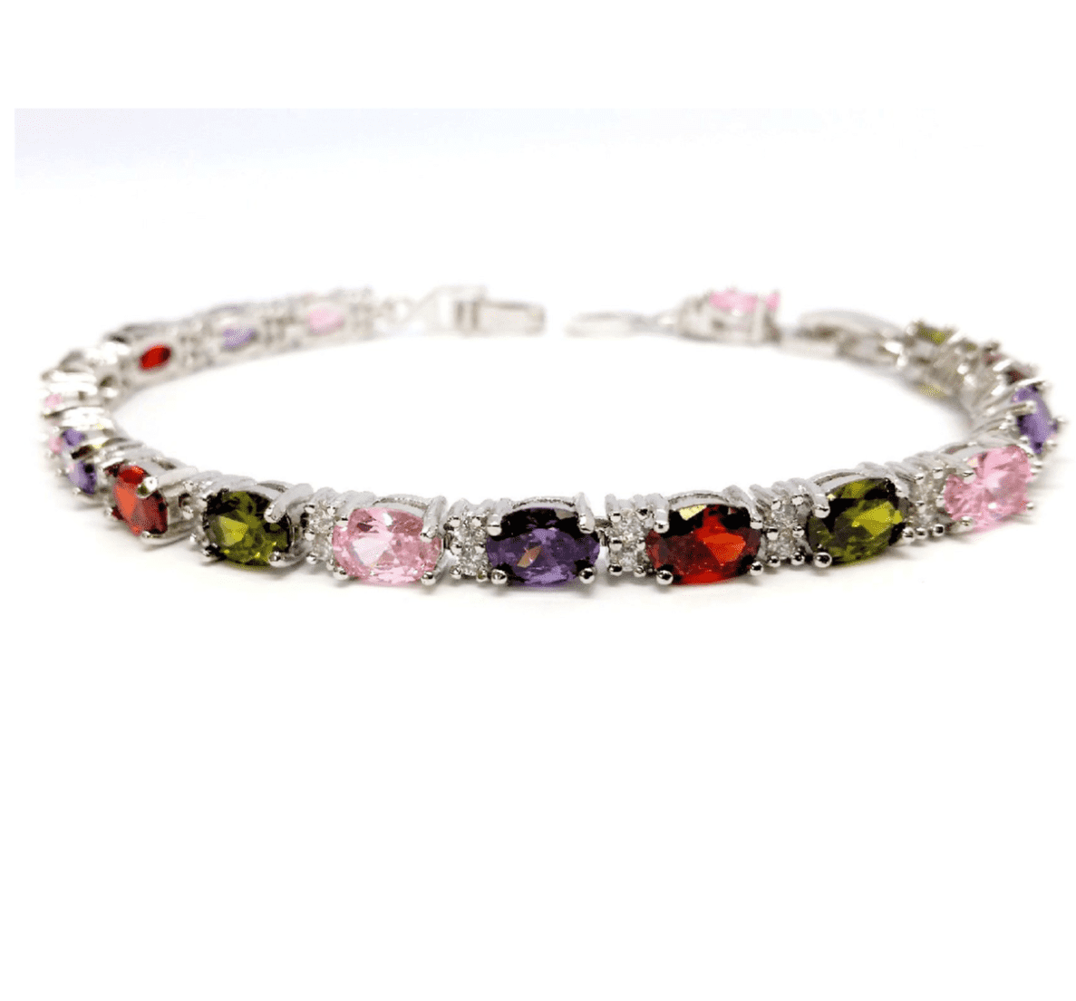Feshionn IOBI bracelets Multi Multicolor Oval Austrian Crystal Tennis Bracelet in White Gold with Extender