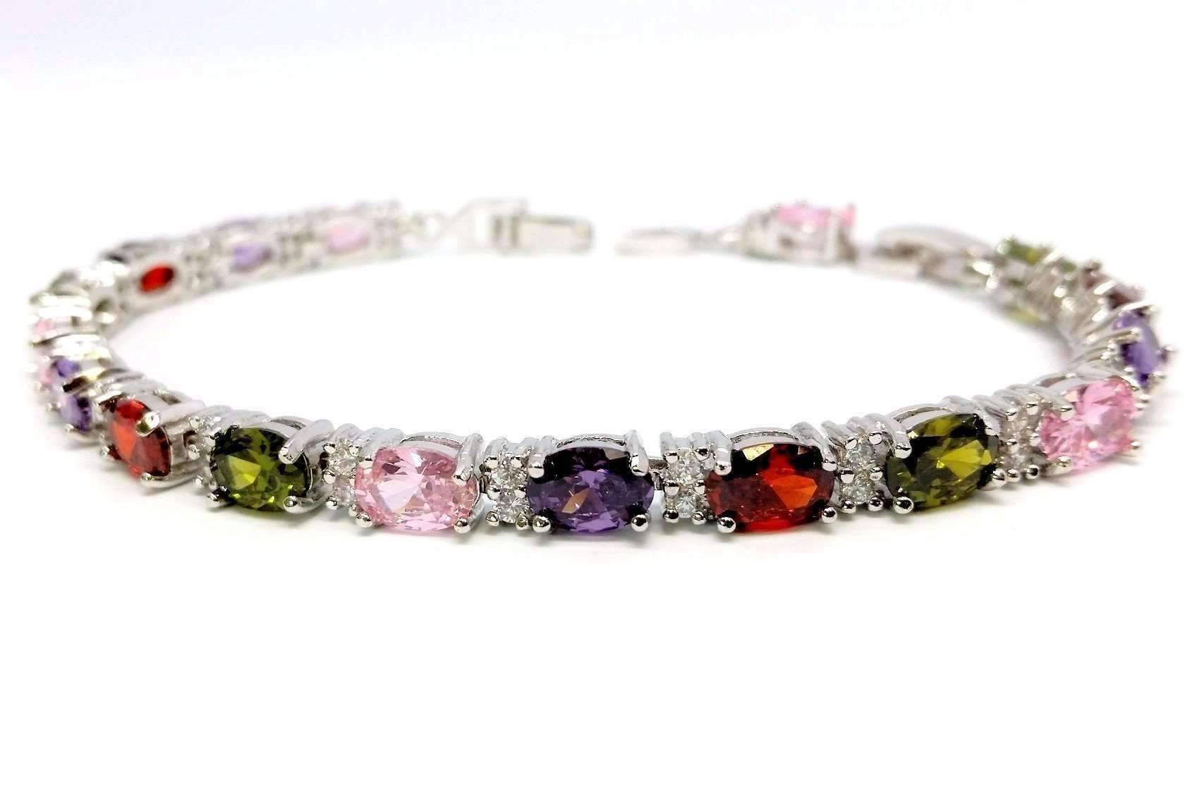 Feshionn IOBI bracelets Multi Multicolor Oval Austrian Crystal Tennis Bracelet in White Gold with Extender