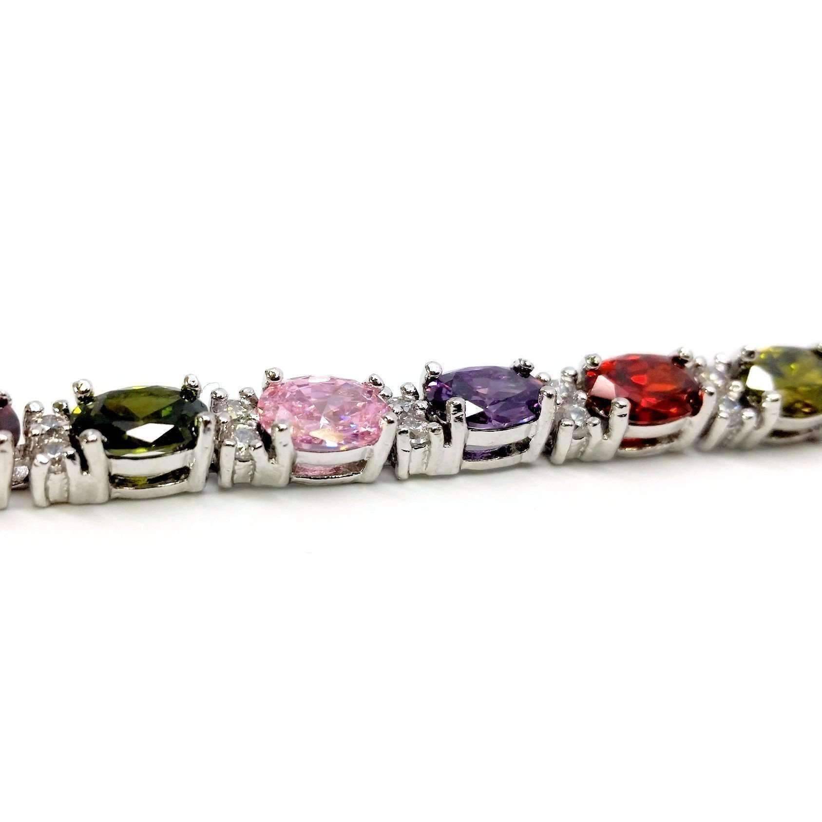 Feshionn IOBI bracelets Multicolor Oval Austrian Crystal Tennis Bracelet in White Gold with Extender