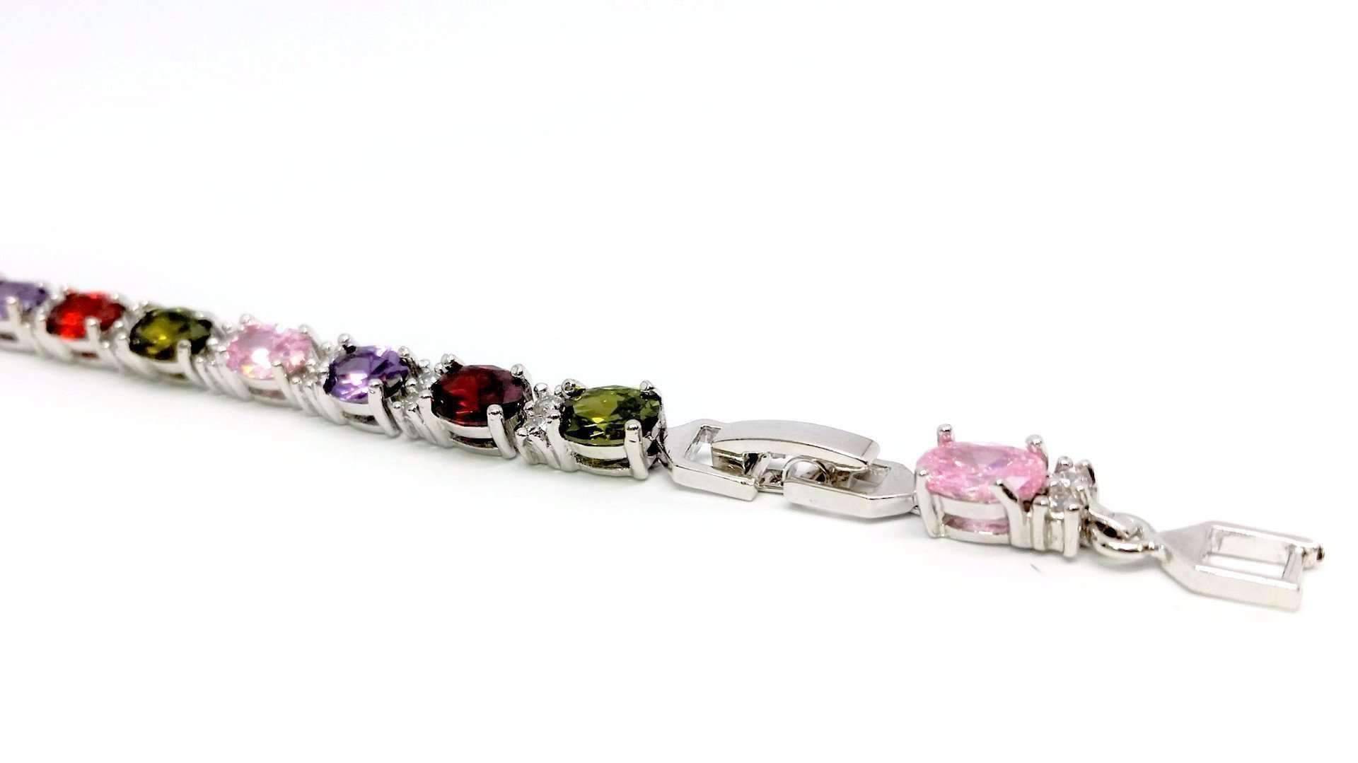 Feshionn IOBI bracelets Multicolor Oval Austrian Crystal Tennis Bracelet in White Gold with Extender