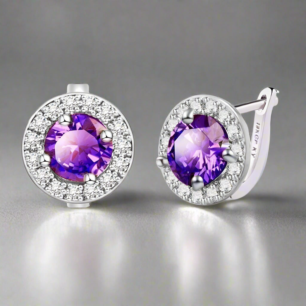 Feshionn IOBI Earrings Amethyst ON SALE - Round Cut Halo Earrings in Five Elegant Colors