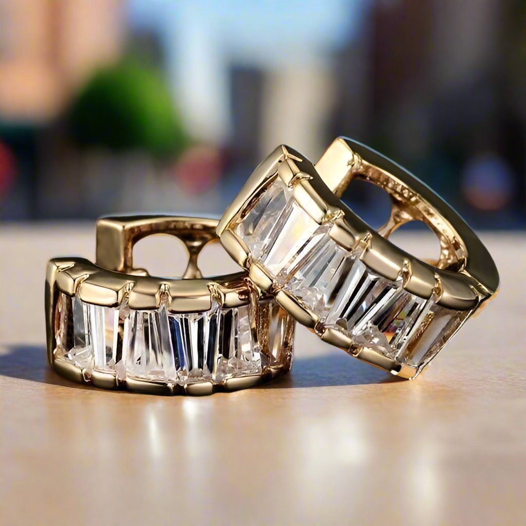 Feshionn IOBI Earrings Asymmetrical Baguette Austrian Crystal Hoop Earrings - Yellow or White Gold