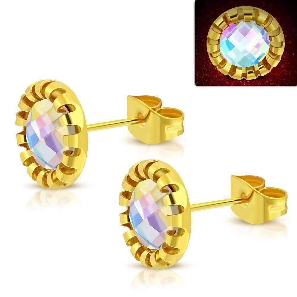 Feshionn IOBI Earrings Aurora / 18K Gold Plated ON SALE - Aurora Borealis Glass Button Stud Stainless Steel Earrings