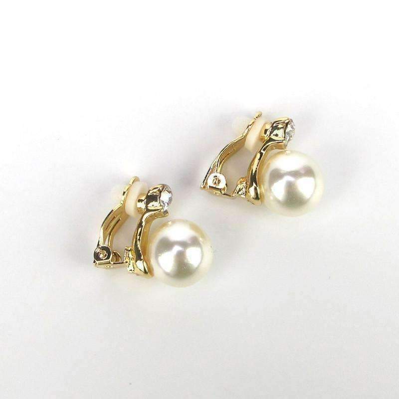 Feshionn IOBI Earrings Crystal Accented Pearl Bead Clip-On Earrings In Yellow or White Gold