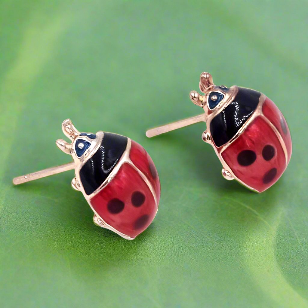 Feshionn IOBI Earrings Delightful Red Enamel and Gold Lady Bug Stud Earrings