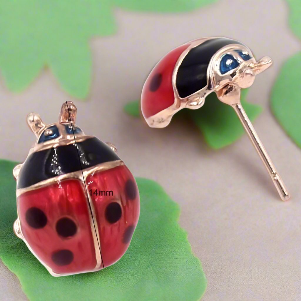 Feshionn IOBI Earrings Delightful Red Enamel and Gold Lady Bug Stud Earrings