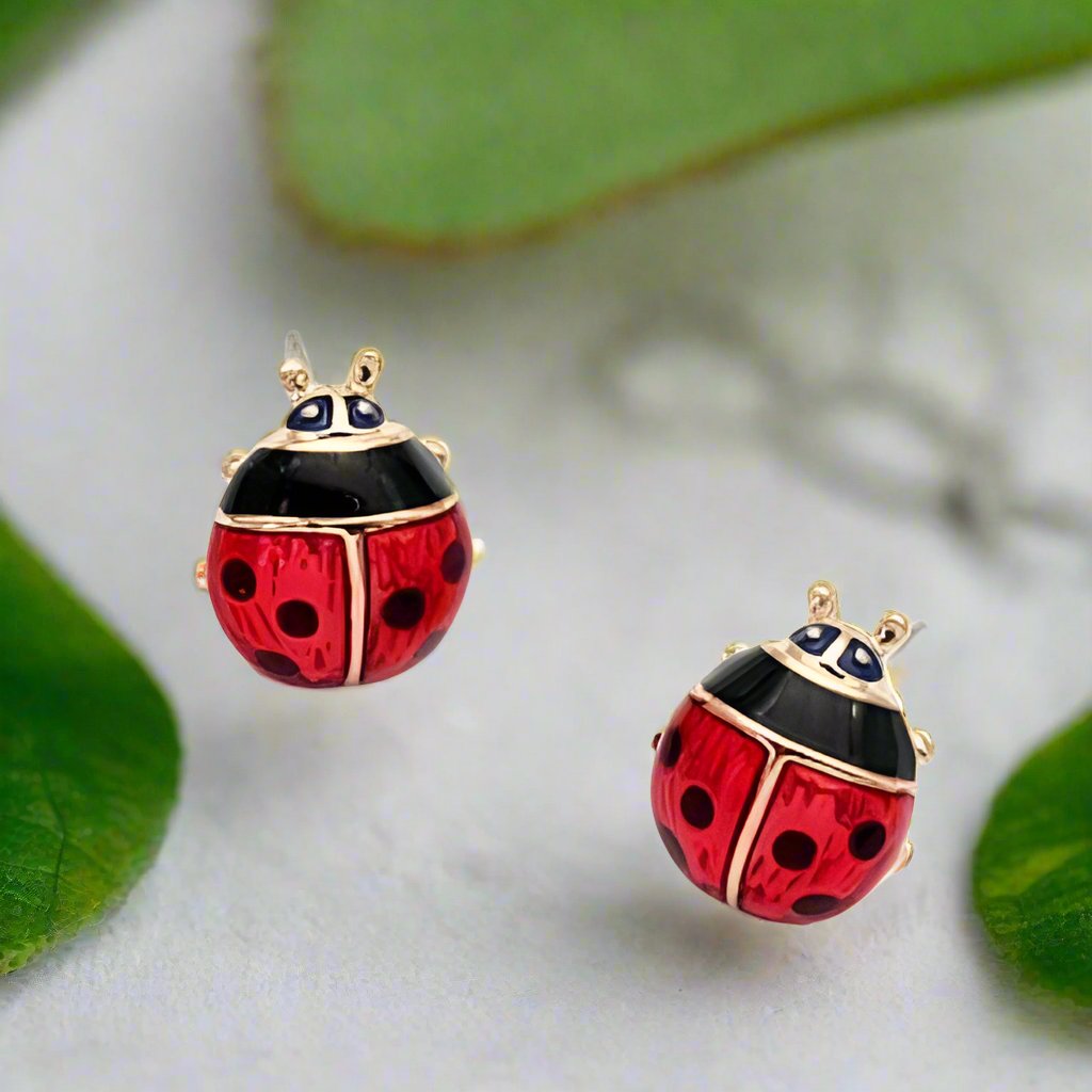 Feshionn IOBI Earrings Delightful Red Enamel and Gold Lady Bug Stud Earrings