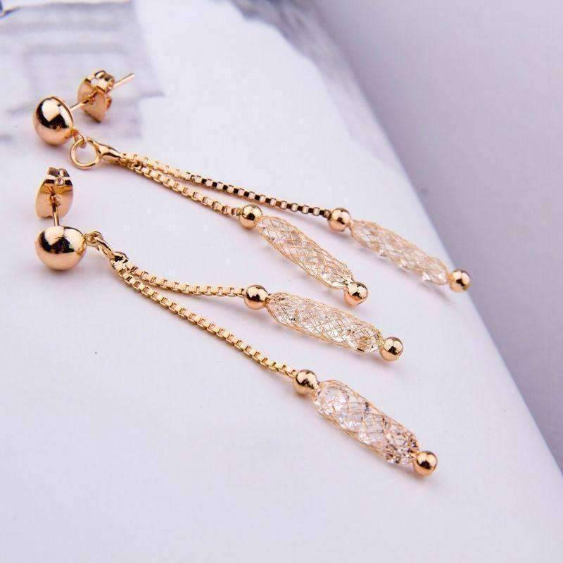 Feshionn IOBI Earrings Glistening Stardust Crystals Rose Gold Or Yellow Gold Dual Dangling Chain Drop Earrings
