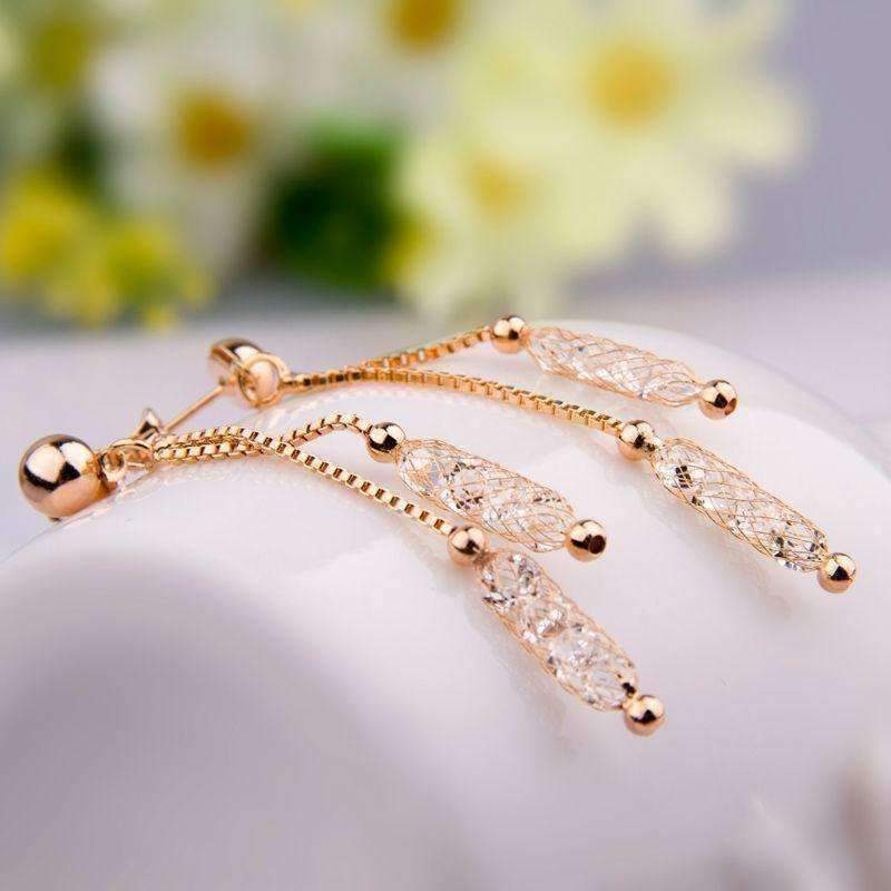 Feshionn IOBI Earrings Glistening Stardust Crystals Rose Gold Or Yellow Gold Dual Dangling Chain Drop Earrings