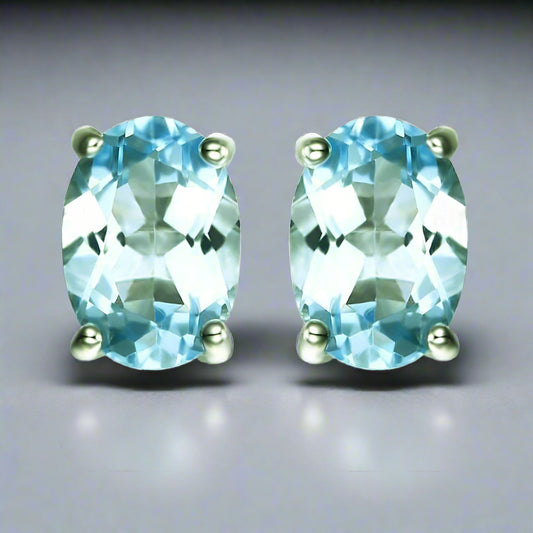 Feshionn IOBI Earrings Ice Blue Genuine Topaz Oval Cut 1.8 CT IOBI Precious Gems Stud Earrings