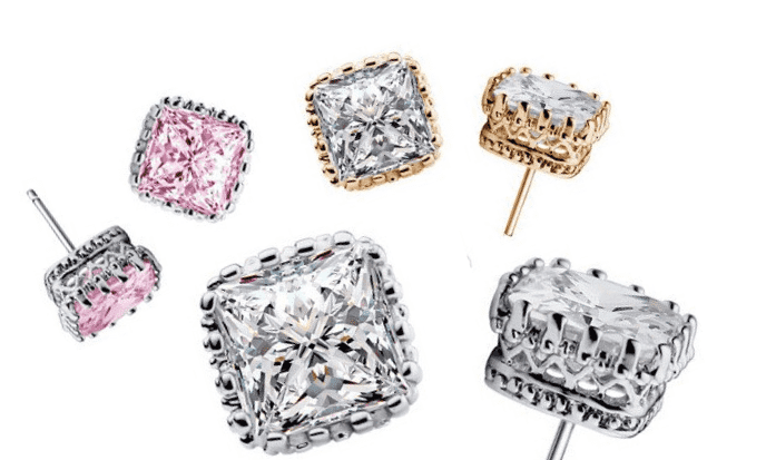 Feshionn IOBI Earrings Royal Princess 6mm Cut Simulated White Or Pink Sapphire Stud Earrings