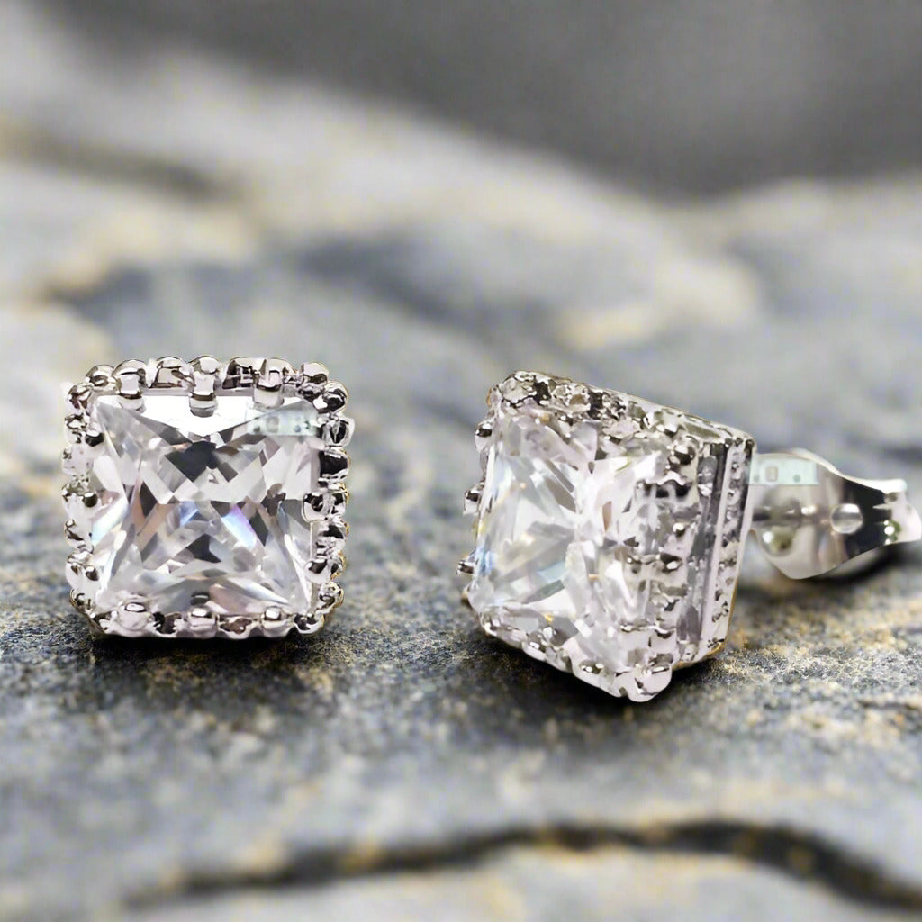 Feshionn IOBI Earrings Royal Princess 6mm Cut Simulated White Or Pink Sapphire Stud Earrings