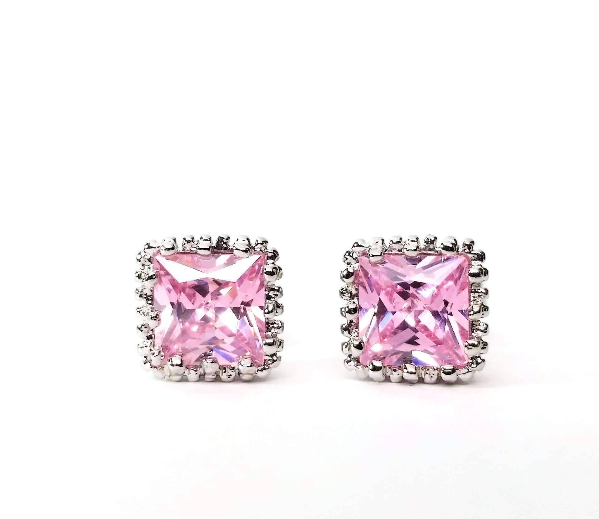 Feshionn IOBI Earrings Royal Princess 6mm Cut Simulated White Or Pink Sapphire Stud Earrings