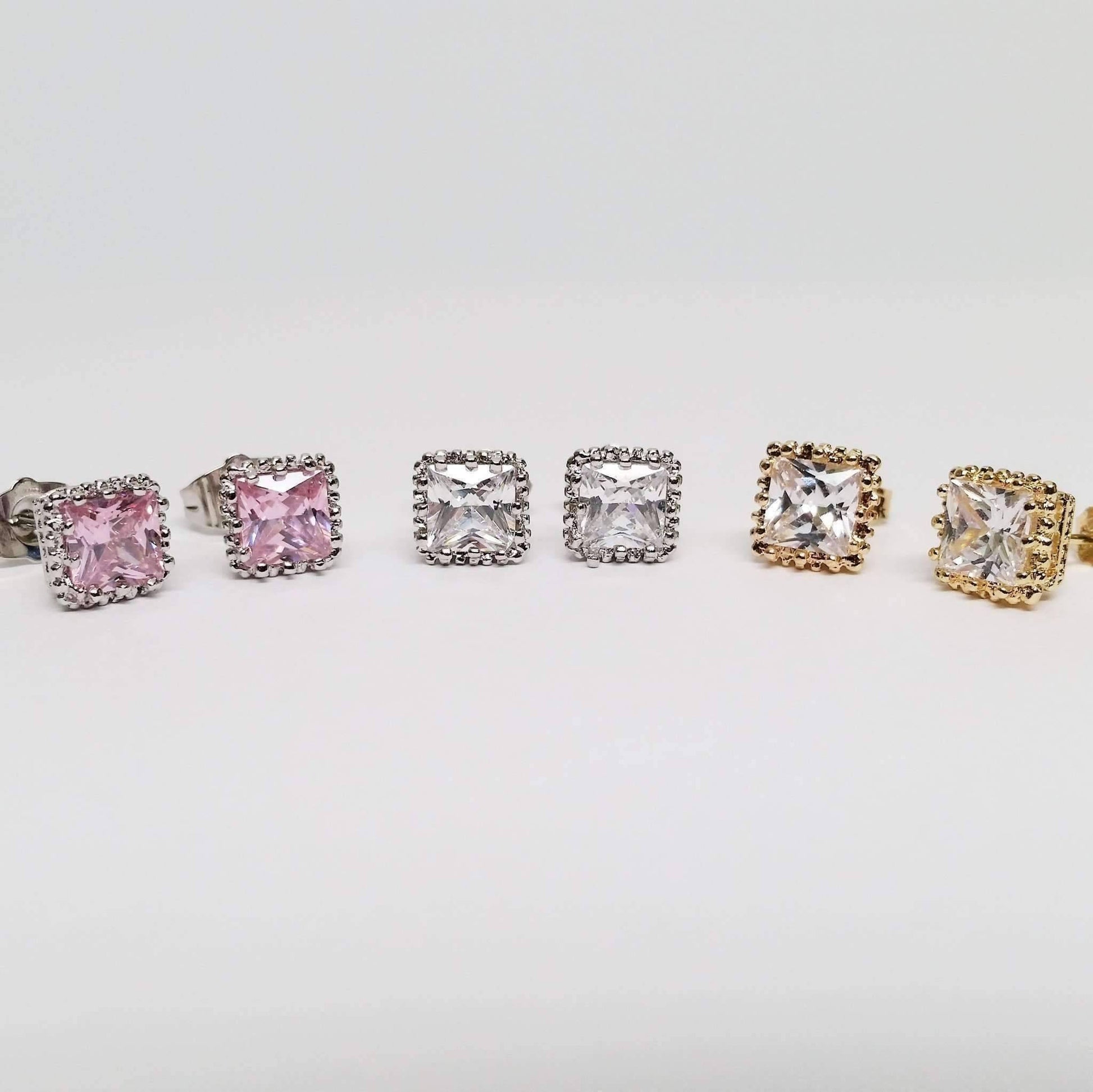 Feshionn IOBI Earrings Royal Princess 6mm Cut Simulated White Or Pink Sapphire Stud Earrings