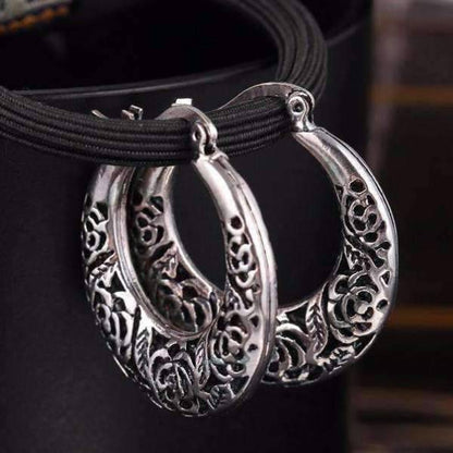Feshionn IOBI Earrings Silver Patina Etched Vintage Rose Hoop Earrings