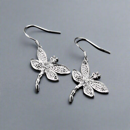 Feshionn IOBI Earrings Silver Sterling Silver Dragonfly Dangle Earrings