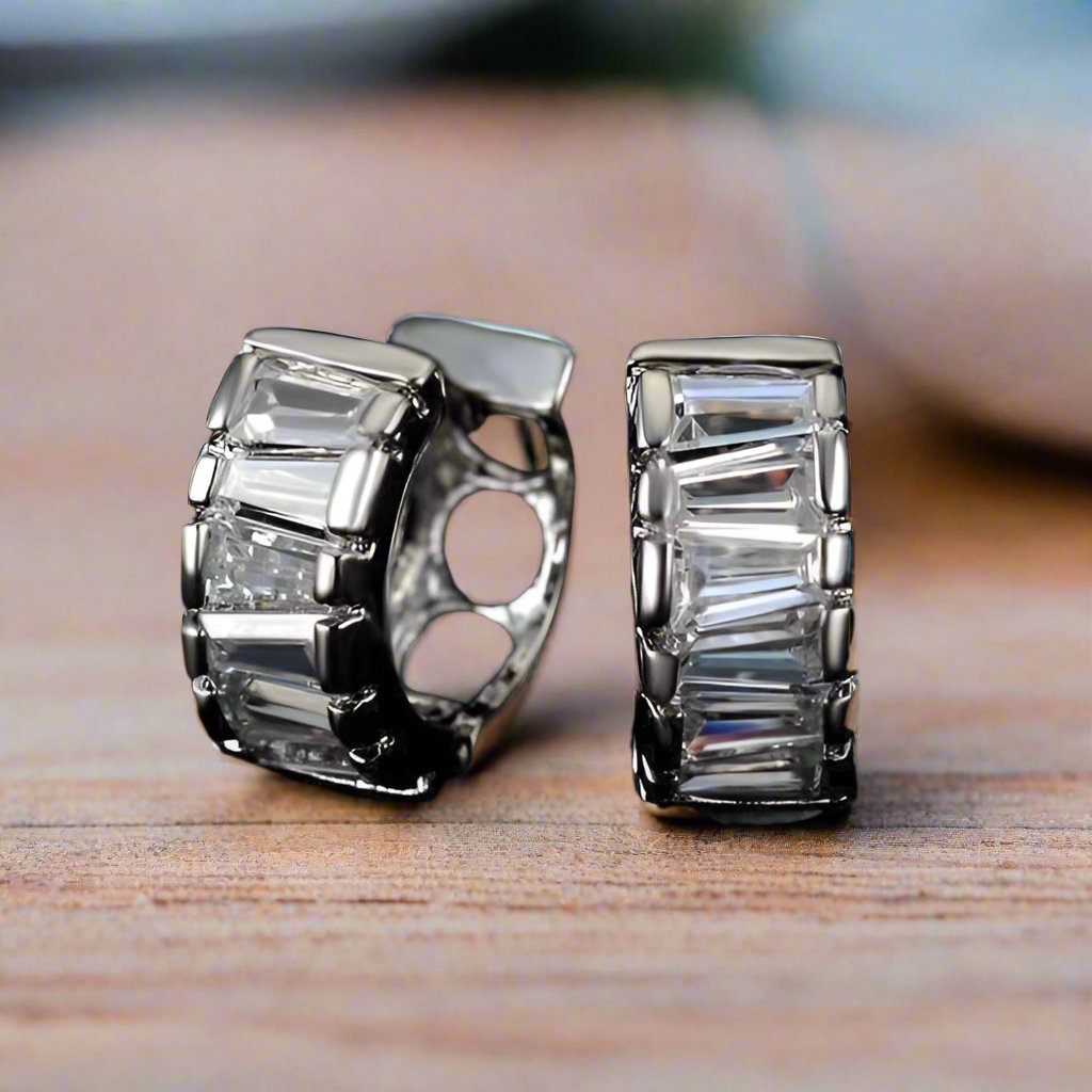 Feshionn IOBI Earrings White Gold Asymmetrical Baguette Austrian Crystal Hoop Earrings - Yellow or White Gold