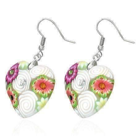 Feshionn IOBI Earrings White & Green Heart Handcrafted Floral Cane Work Clay & CZ Earrings ~ Three Lively Colors to Choose From