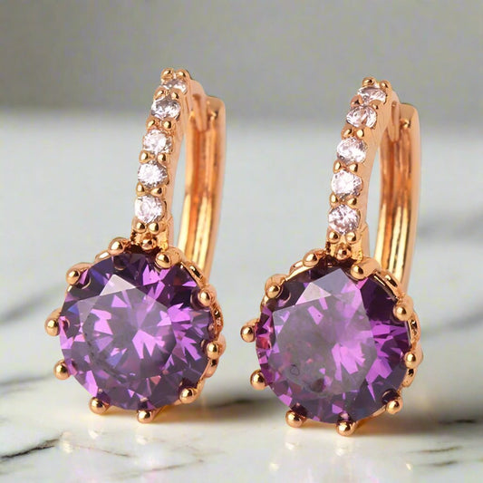 Feshionn IOBI Earrings Yellow Gold plated Cosmic Purple CZ Solitaire White Or Yellow Gold Hoop Earrings