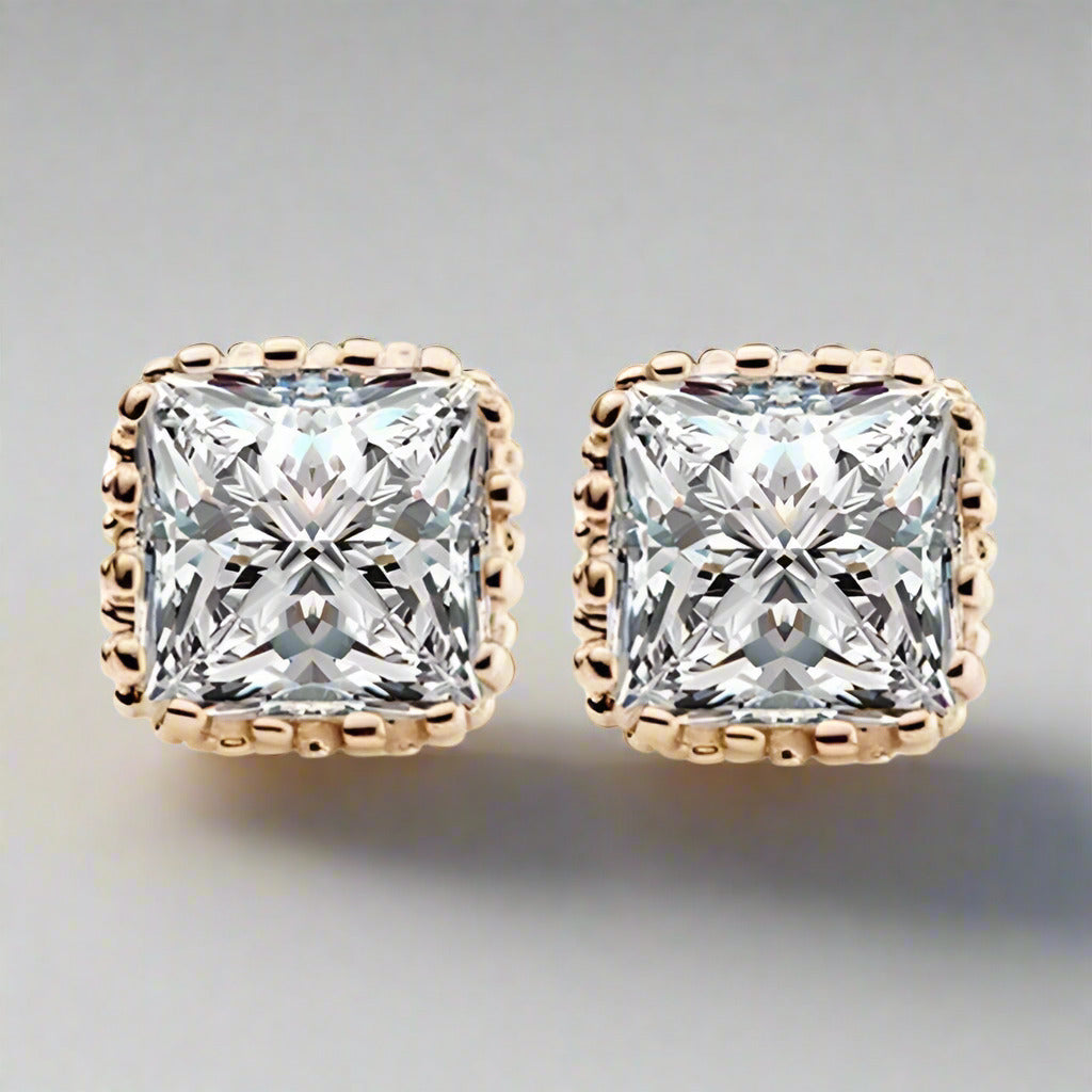 Feshionn IOBI Earrings Yellow Gold Plated Royal Princess 7mm Cut Simulated White Or Pink Sapphire Stud Earrings
