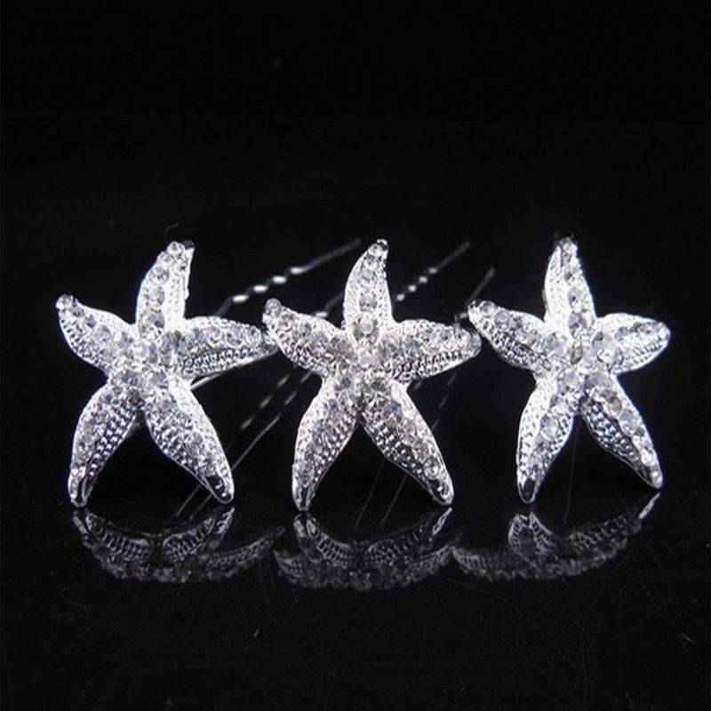 Feshionn IOBI Hair Jewelry 1 / Silver Large Crystal Accented Starfish Silver Plated Hair Pins