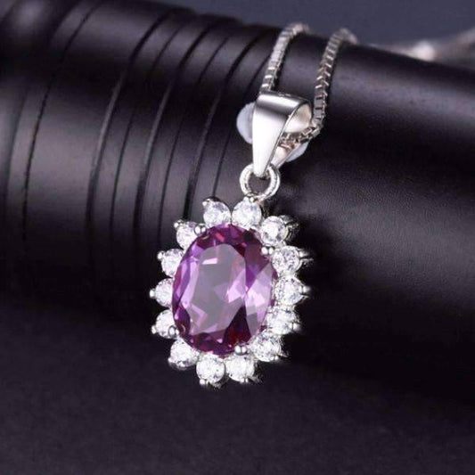 Feshionn IOBI Necklaces Alexandrite Sapphire Pendant Alexandrite Sapphire Oval Cut 2.5CT IOBI Precious Gems Halo Pendant Necklace