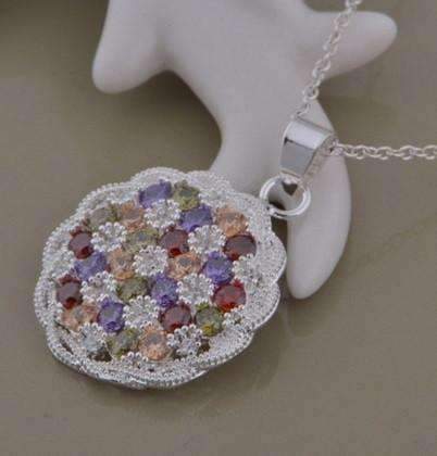 Feshionn IOBI Necklaces Basket Weave Multi Color CZ Crystal Medallion Necklace Sterling Silver