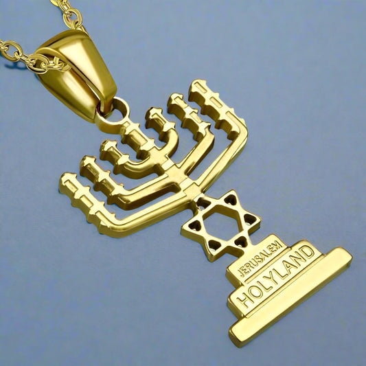 Feshionn IOBI Necklaces Gold Star of David Menorah Pendant and Necklace in Gold Plated Stainless Steel