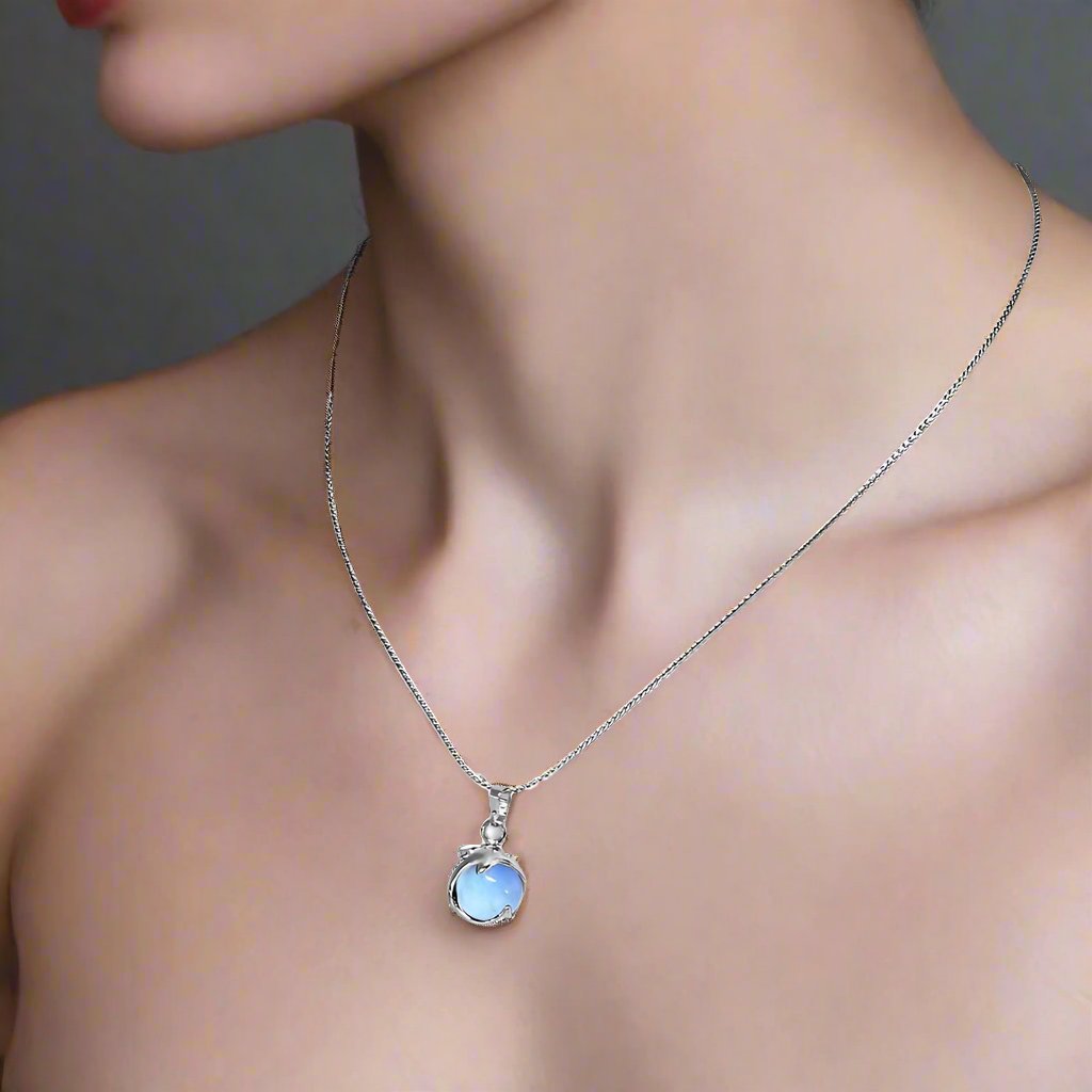 Feshionn IOBI Necklaces Iridescent Blue Wave Rider Dolphin and Cat Eye Necklace