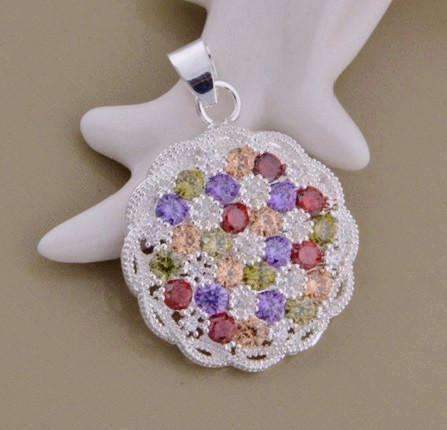 Feshionn IOBI Necklaces Sterling Silver Basket Weave Multi Color CZ Crystal Medallion Necklace Sterling Silver