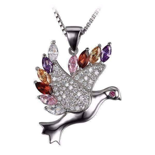Feshionn IOBI Necklaces Sterling Silver "Peace" Multi Color Zirconia Dove Pendant Necklace Sterling Silver