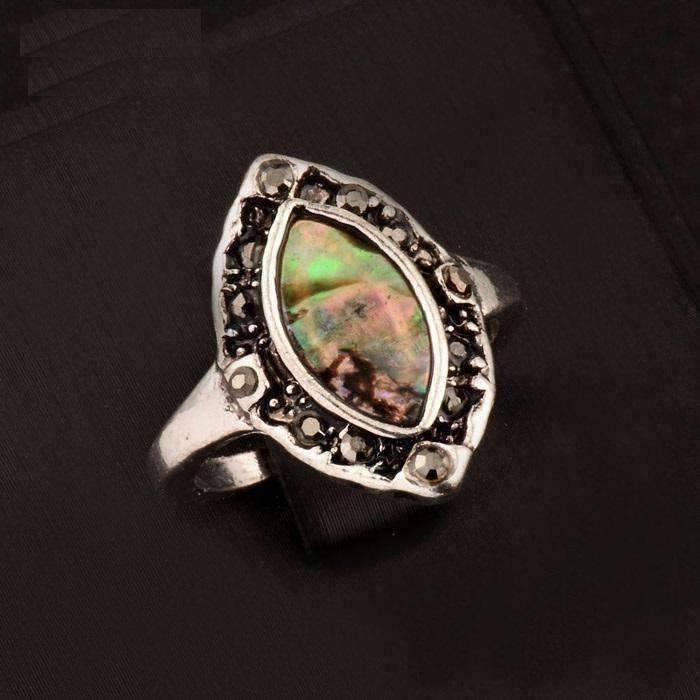 Feshionn IOBI Rings 5.5 Marquis Abalone Shell and Black Crystal Vintage Silver Ring