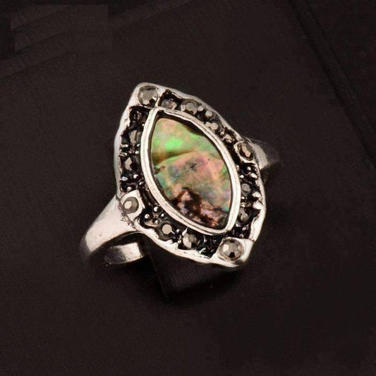 Feshionn IOBI Rings 5.5 Marquis Abalone Shell and Black Crystal Vintage Silver Ring