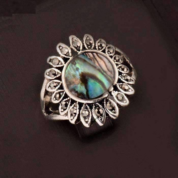 Feshionn IOBI Rings 5.5 Sunburst Abalone Shell and Black Crystal Vintage Silver Ring