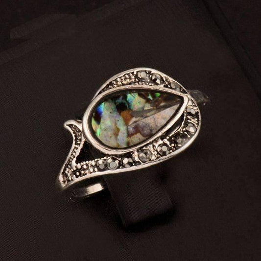 Feshionn IOBI Rings 5.5 Tear Drop Abalone Shell and Black Crystal Vintage Silver Ring