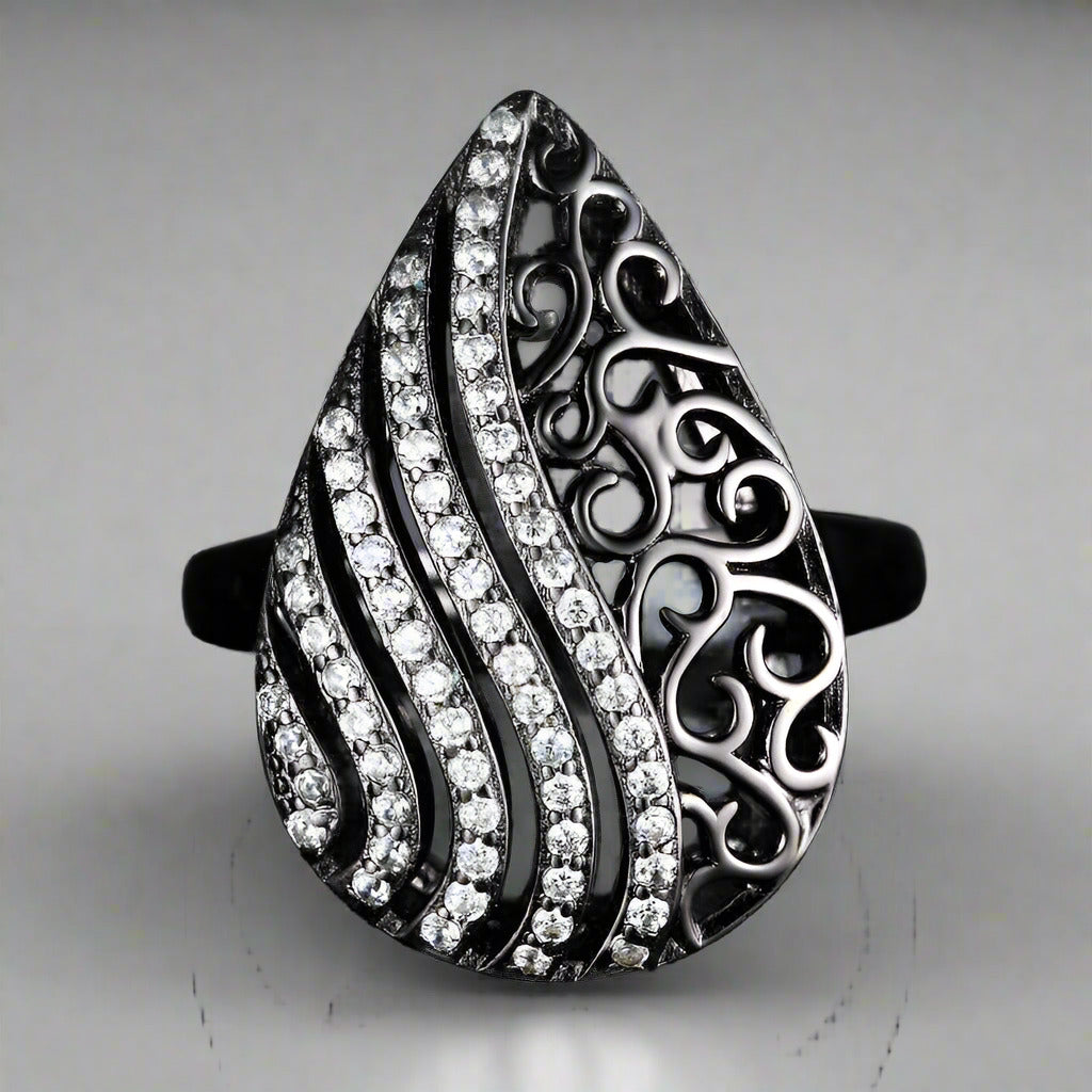 Feshionn IOBI Rings Ebony Swirl Black Gold Filigree and CZ Cocktail Ring
