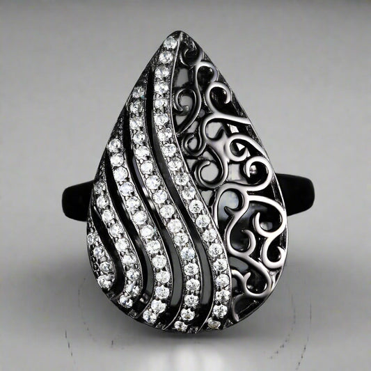 Feshionn IOBI Rings Ebony Swirl Black Gold Filigree and CZ Cocktail Ring